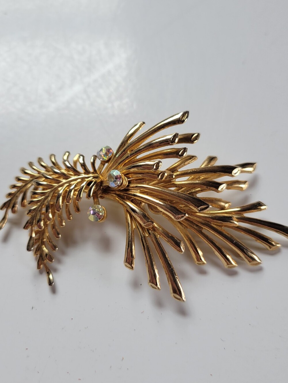 Gold-Tone Leaf Spray Brooch with Aurora Crystal Accents